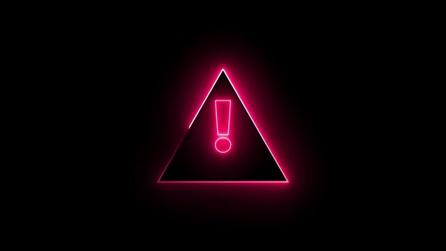Glowing neon red colour warning icon animation on black background.