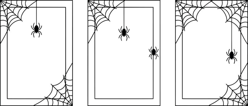 Set of three rectangular frames decorated with spider webs and spiders in the corners and hanging from the top, halloween vector illustration