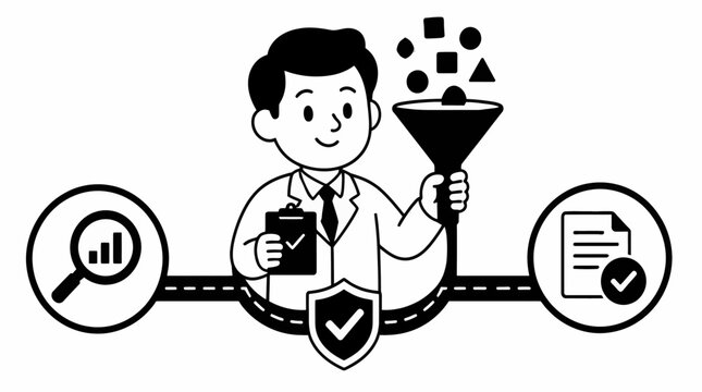 Businessman analyzing data with funnel and documents.