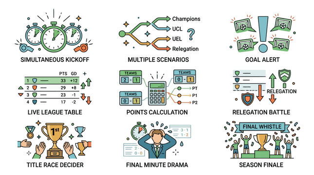 Football match events and league progression icons for sports infographics