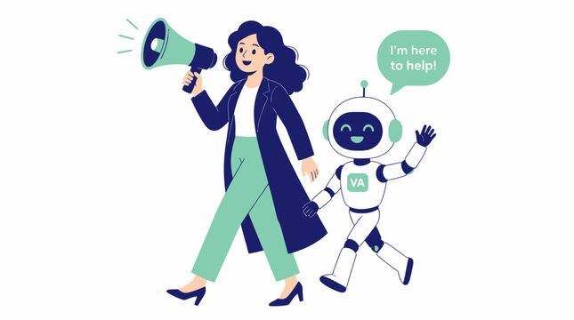 Woman and robot walking together with megaphone.