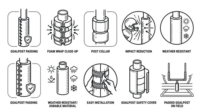 Safety features of padded football goalpost covers and weather resistant protective equipment