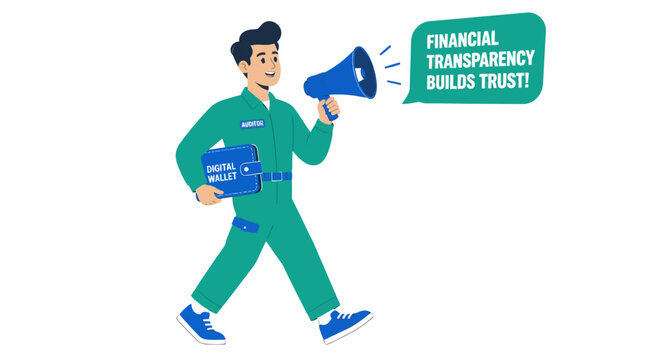 Cartoon character holding megaphone and folder with financial transparency sign.