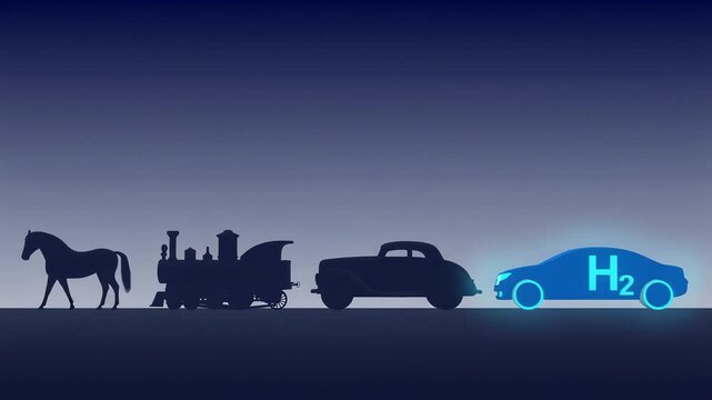Evolution of transportation concept from horse and steam locomotive to classic car and modern neon hydrogen H2 vehicle
