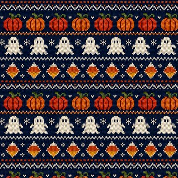Halloween knitted seamless pattern with pumpkins, ghosts and candy corn, ugly sweater texture background, autumn holiday vector illustration.