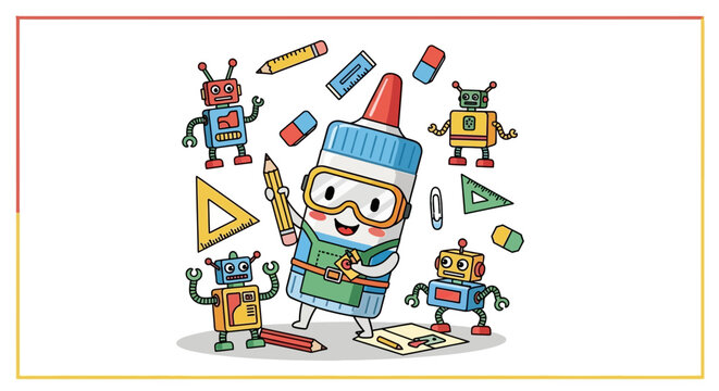 Cartoon character drawing robots and shapes.