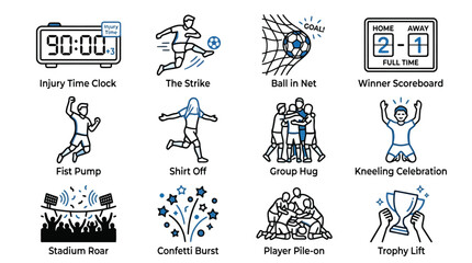 Fototapeta premium Football match victory celebration and goal scoring outline icons set