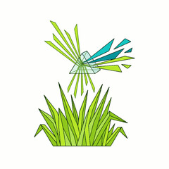 Naklejka premium Abstract geometric illustration of a glass prism refracting light over green grass blades.