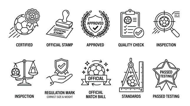 Football match ball quality certification and official testing standards linear icon collection