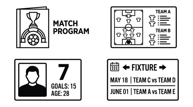 Football match program and player statistics dashboard icons for tournament media publications