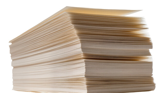 Thick stack of beige paper sheets, isolated on transparent background