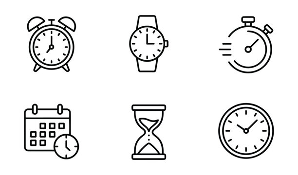 Set of time and clock icons, including alarm clock, wristwatch, stopwatch, calendar, hourglass and wall clock