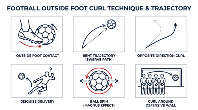 Football outside foot curl technique and ball trajectory physics icons for advanced player training
