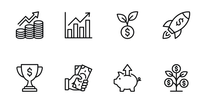 Financial growth, investment, and success line icons set