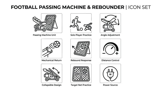 Football passing machine and rebounder icons for training equipment and drills