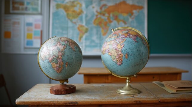 Two globes on a wooden school desk, vintage maps on wall