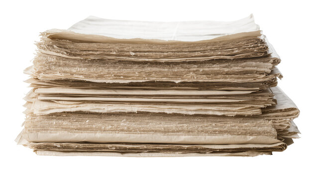 Thick stack of old rough paper sheets, isolated on transparent background