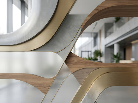 Modern Abstract Interior Design Elements Featuring Fluid Curved Wood Metal and Concrete Textures in an Office Space