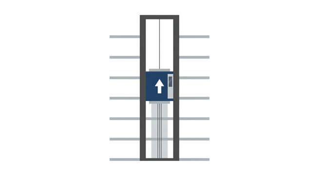 Minimalist illustration of an elevator moving up in a building shaft, flat style vector design.

