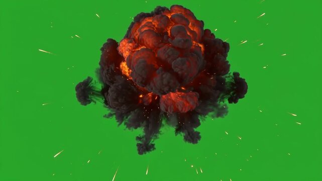 Realistic fire explosion with black smoke and flying debris isolated on green screen, cinematic blast effect for action movies and digital composition