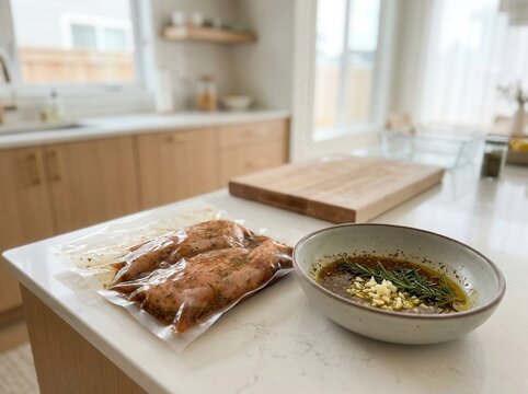 marinated chicken breast in a vacuum package on the kitchen counter