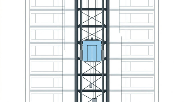 Minimalist illustration of an elevator moving up in a building shaft, flat style vector design.
