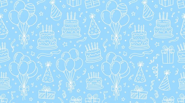 Cute hand drawn birthday pattern with white line art of tiered cakes, balloons, gift boxes, and party hats on a light blue background, ideal for festive party invitations and wrapping paper designs.