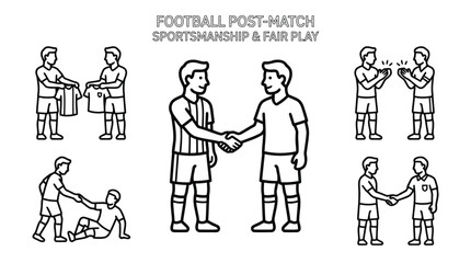 Obraz premium Set of football post match sportsmanship and fair play vector line icons for sports presentation