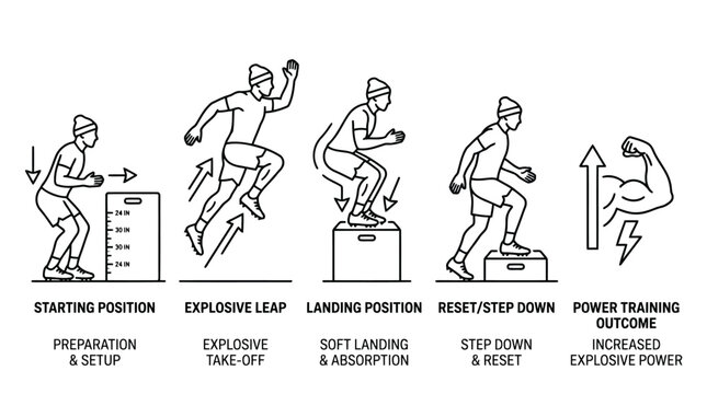 Football plyometric box jump training progression for explosive power outline illustration