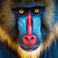 Obraz premium Close-up portrait of a mandrill with vibrant blue and red facial markings