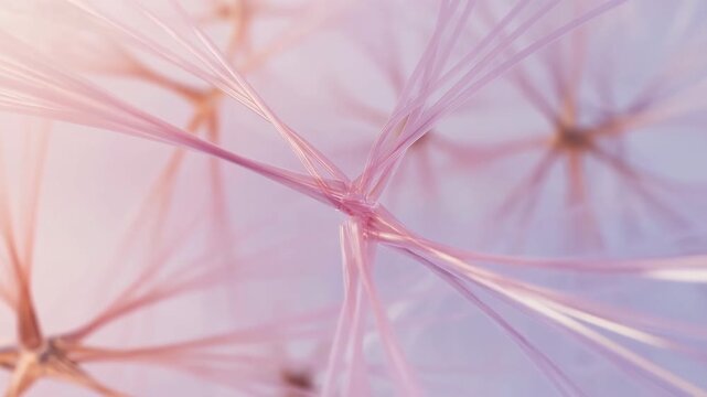 Close-up translucent filament network with glossy intersections and spreading strands on pastel
