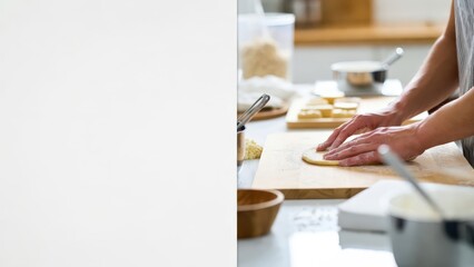 Fototapeta premium Hands kneading dough on a wooden board in a modern kitchen, ideal for food preparation concepts, recipe content, or culinary marketing materials with ample copy space.