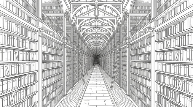 Infinite library bookshelves perspective line art illustration.
