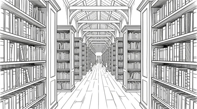 Infinite library bookshelves perspective line art illustration.
