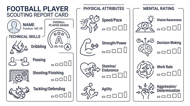 Professional football player scouting report card with technical and mental attribute ratings