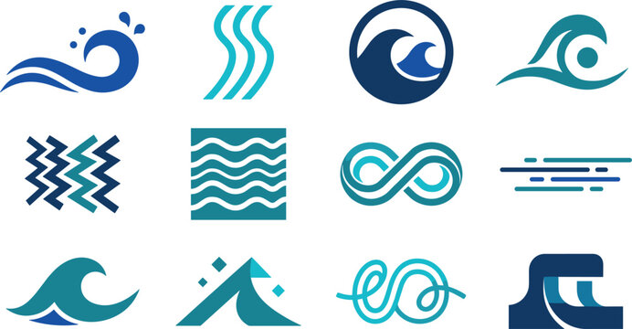 Abstract Blue Water Wave Logo Icon Set with Geometric Ocean Ripples Sea Surf Splashes Infinity Loops and Minimalist Marine Elements for Business Corporate Branding