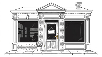 Fototapeta premium Line art illustration of a storefront with a closed sign on the door. 