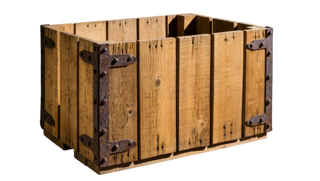 Rustic wooden crate with rusty metal hinges, isolated on transparent background