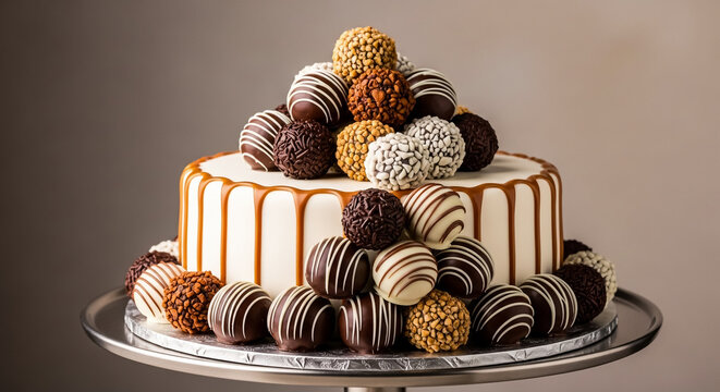 Decadent white frosted cake topped with a generous mountain of assorted gourmet chocolate truffles and caramel drip featuring smooth textures and rich cocoa flavors presented on a silver pedestal stan