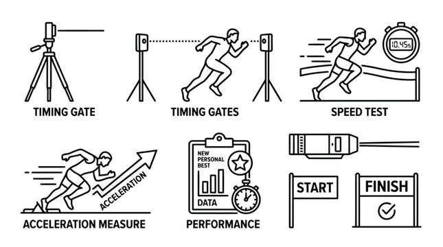 Athletic speed test and acceleration measurement icons for sports training performance data