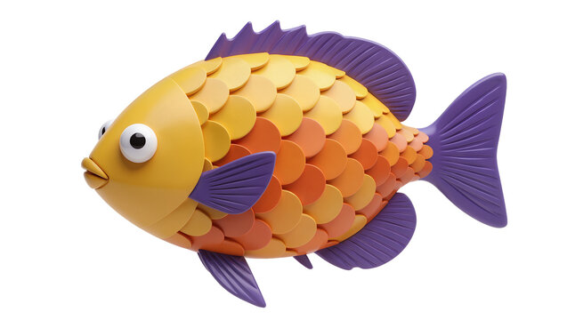 Whimsical yellow and orange scaled fish with purple fins, isolated on transparent background