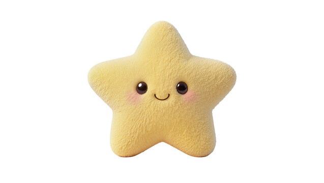 Fluffy yellow star plush toy with cute face, isolated on transparent background