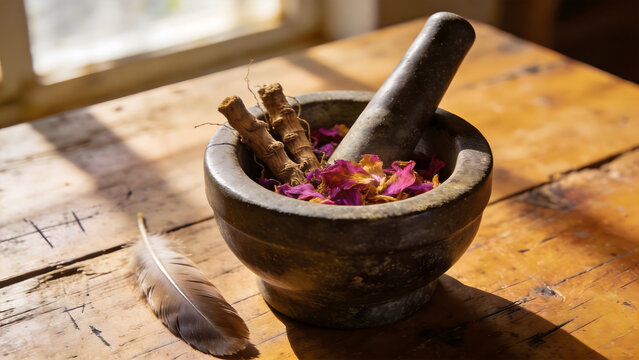 Stone mortar with mandrake roots and petals on a wooden table.