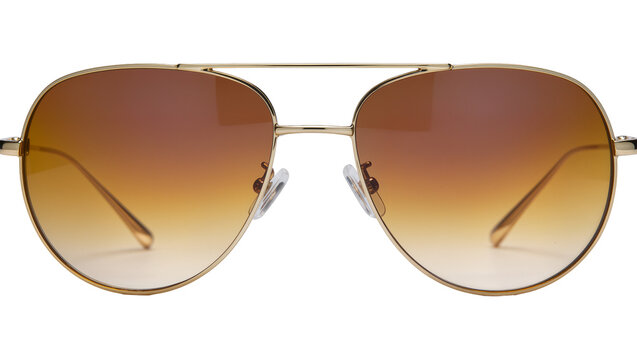 Gold metal aviator sunglasses with gradient brown lenses, isolated on transparent background