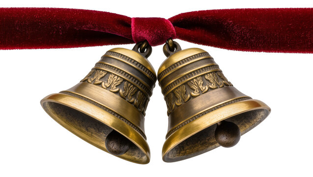 Two antique brass bells with ornate carvings hanging from a red velvet ribbon, isolated on transparent background