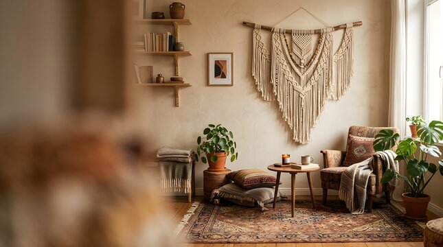 Bohemian living room interior with macrame wall decor and armchair