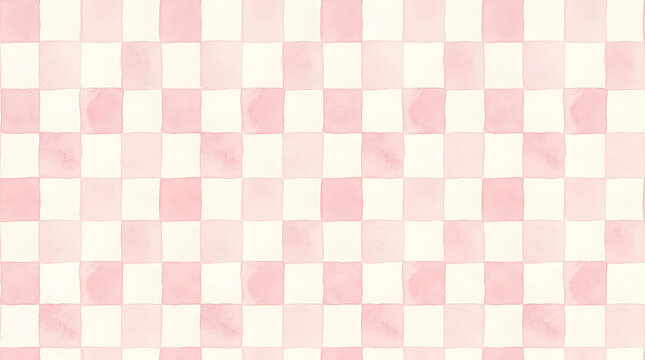 Baby Pink Ivory Watercolor Checkered Pattern Background with Soft Pastel Gingham Texture and Elegant Handmade Design