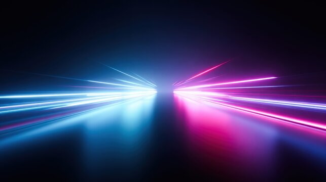 Abstract neon light trails streaking into the distance with a dark background
