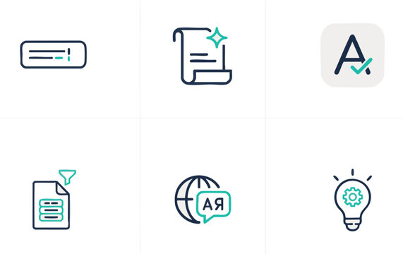 Modern AI writing icons set, artificial intelligence content generation symbols, digital copywriting and translation vector elements for tech UI