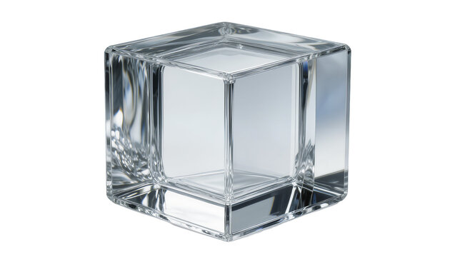 Clear glass cube with faceted edges, isolated on transparent background